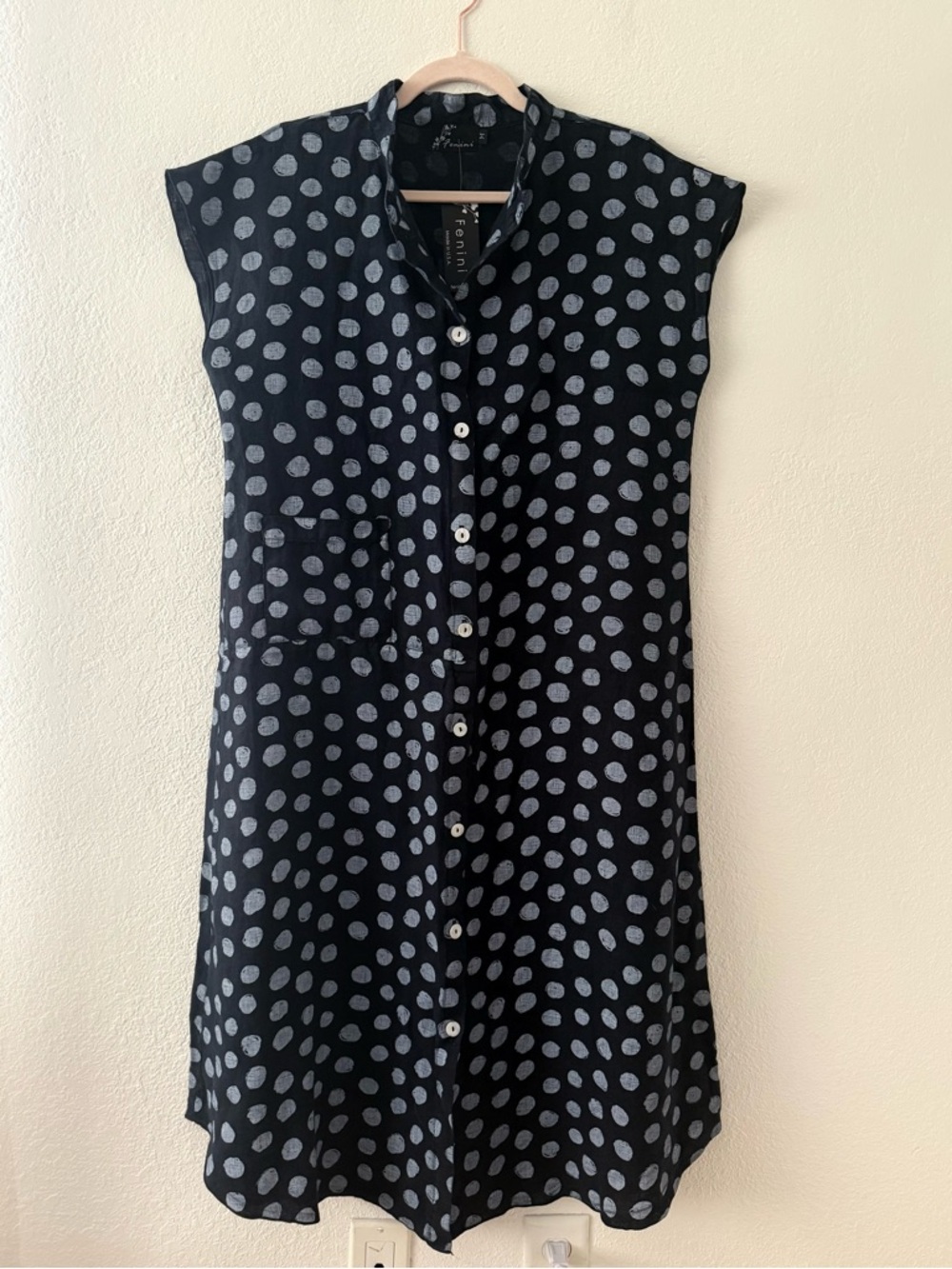 Fenini M Polka Dot Button-Front Shirt Dress Cap Sleeve- Navy & White 100% Linen